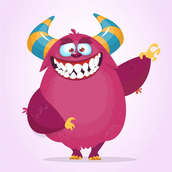 Divertidos Dibujos Animados Monstruo Rosa Ondeando Vector Lindo Monstruo Mascota — Vector de stock