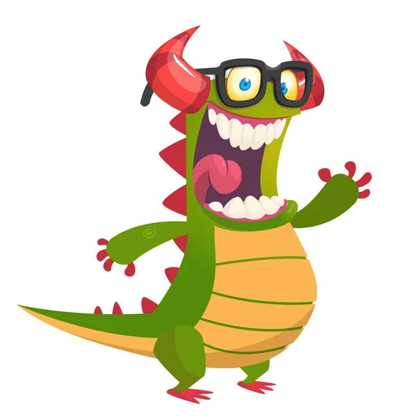 Funny Cartoon Green Dragon Wearing Eyeglasses Vector Halloween Illustration — Stock Vector