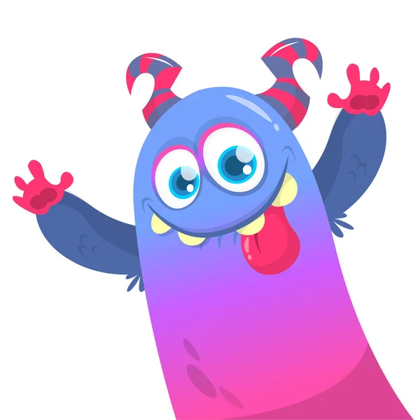 Lustiges Cartoon Monster Wesen Winkt Mit Den Händen Vektorgrafik Halloween — Stockvektor