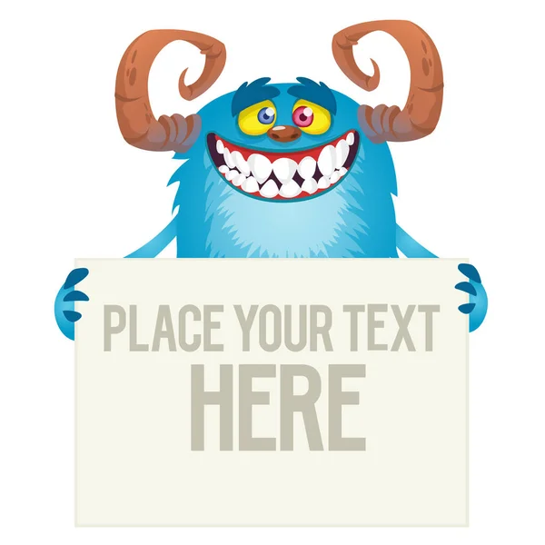 Catoon Monster Holding Blank Sign Sample Message Vector Illustration — Stock Vector
