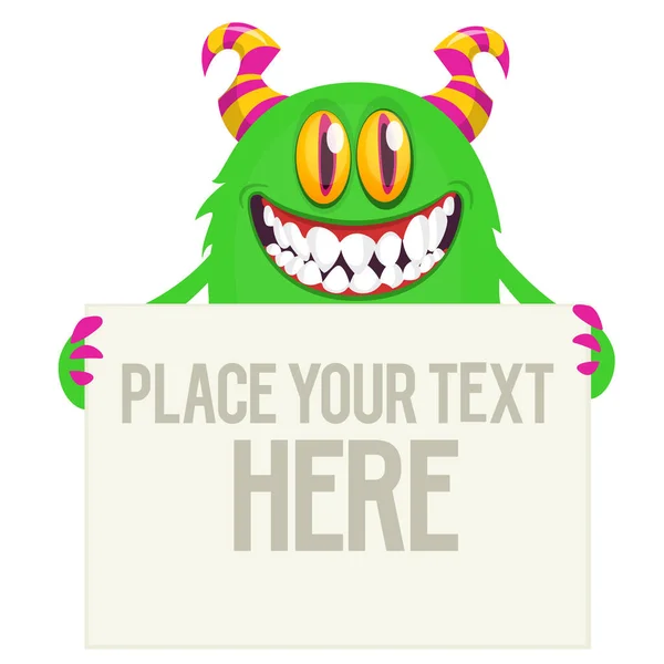 Catoon Happy Monster Holding Blank Paper Sample Text Vector Illustration — Stock Vector