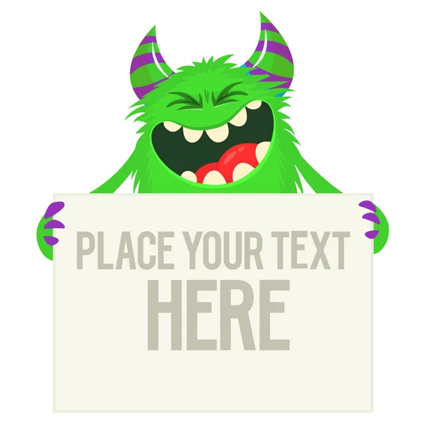 Catoon Happy Monster Holding Blank Paper Sample Text Vector Illustration — Stock Vector