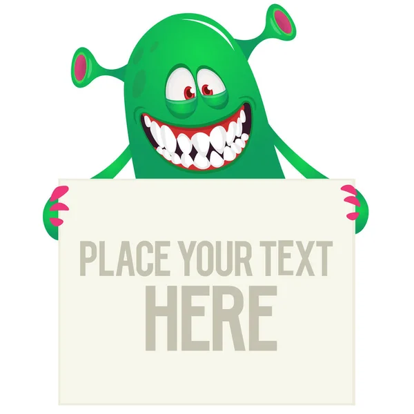 Catoon Monster Holding Blank Sign Sample Message Vector Illustration — Stock Vector