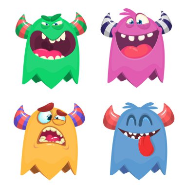  Set of cartoon vector monsters with different emotions.  Flying ghost illustration. Halloween design clipart