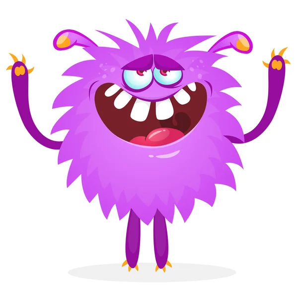 Happy Cool Cartoon Fat Monster Purple Horned Vector Monster Characte — Stock Vector