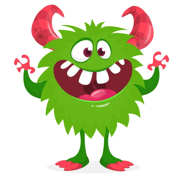 Szczęśliwego Chłodnego Kreskówkowego Potwora Zielony Rogaty Wektor Potwór — Wektor stockowy