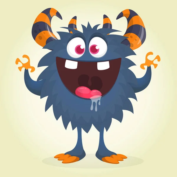 Leuke Cartoon Gehoornde Pluizig Zwart Monster Glimlachen Halloween Vector Illustratie — Stockvector