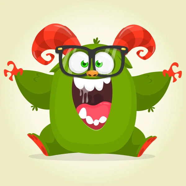 Cartoon Green Monster Nerd Wearing Glasses Vector Illustration Isolate — Stock Vector