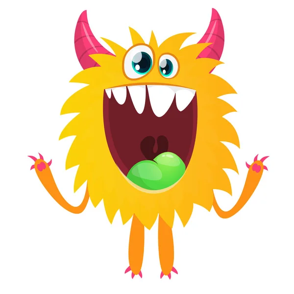 Leuke Cartoon Gehoornde Pluizig Geel Monster Glimlachen Halloween Vector Illustratie — Stockvector