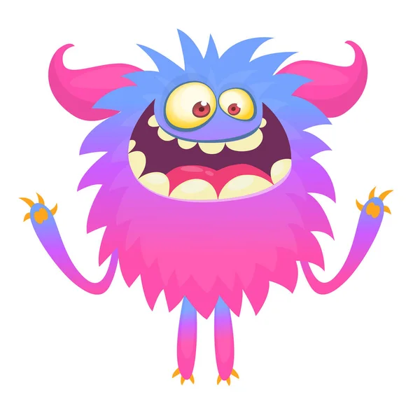 Leuke Cartoon Gehoornde Pluizig Roze Monster Glimlachen Halloween Vector Illustratie — Stockvector