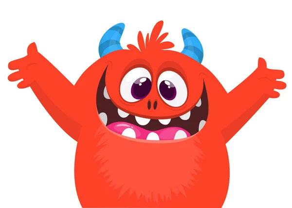 Funny Cartoon Monster Character Waving Hands Illustration Cute Happy Mythical — Stock Vector