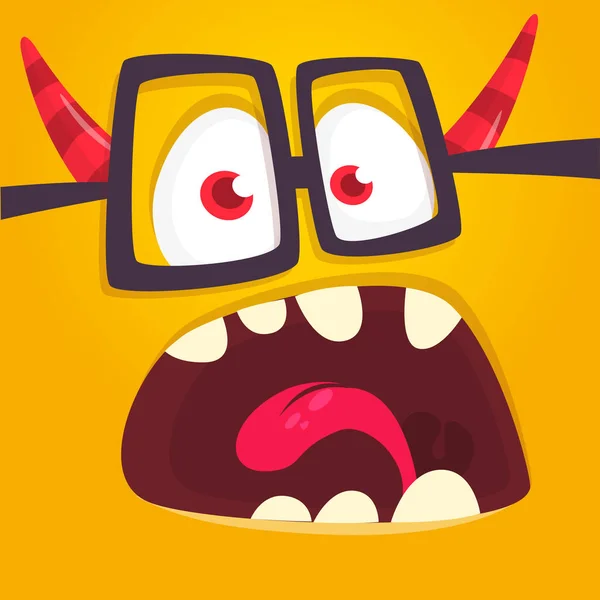 Funny Cartoon Nerd Monster Face Wearing Eyeglasses Illustration Cute Happy — Stock Vector