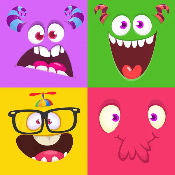 Funny Cartoon Monster Faces Emotions Set Illustration Mythical Alien Creatures — Stock Vector