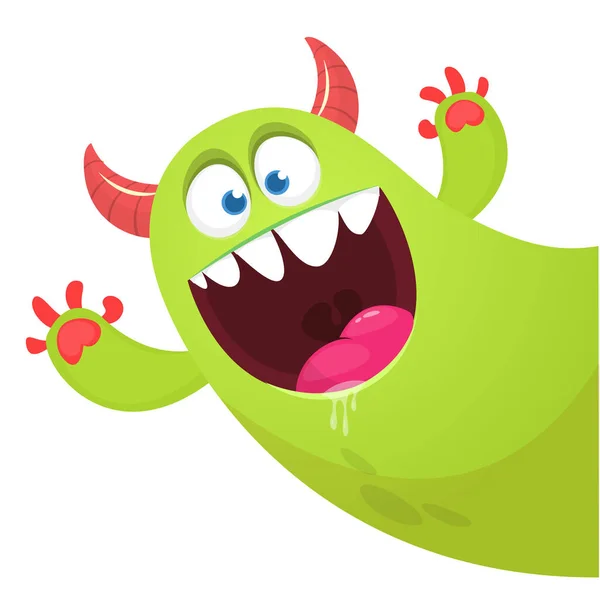Lustige Cartoon Lächelnde Monsterfigur Erscheint Und Winkt Mit Den Händen — Stockvektor