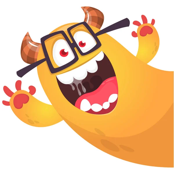 Lustige Cartoon Lächelnde Monsterfigur Mit Brille Die Hände Wedelt Illustration — Stockvektor