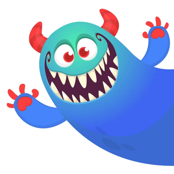 Funny Cartoon Smiling Monster Character Pop Waving Hands Illustration Happy — Stock Vector