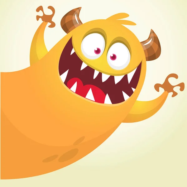 Lustige Cartoon Lächelnde Monsterfigur Erscheint Und Winkt Mit Den Händen — Stockvektor