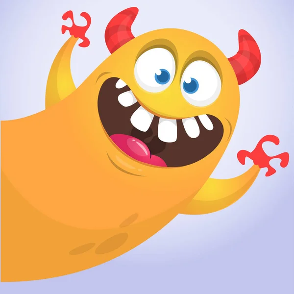 Funny Cartoon Smiling Monster Character Pop Waving Hands Illustration Happy — Stock Vector