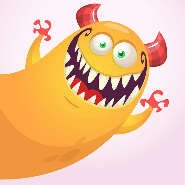 Grappige Cartoon Lachende Monster Karakter Opduiken Zwaaien Handen Illustratie Van — Stockvector