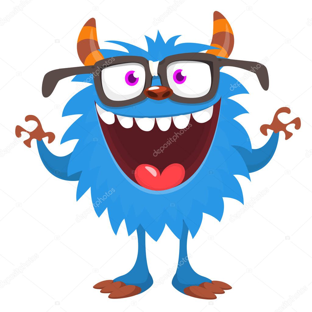 Funny cartoon monster character. Illustration of cute and happy bigfoot yeti creature. Halloween design. Great for party decoration, poster or package design