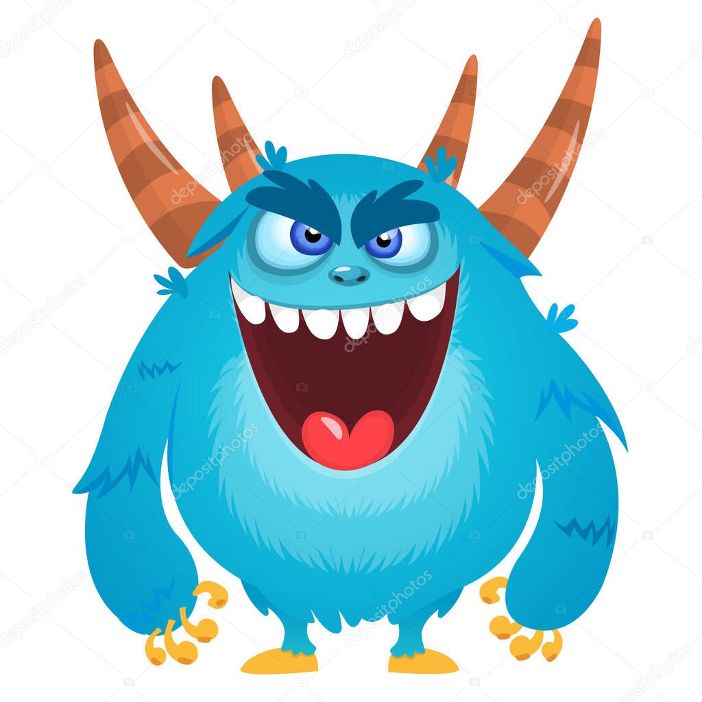Funny cartoon smiling furry monster character. Illustration of cute and happy mythical alien creature. Halloween design. Great for party decoration, poster or package design