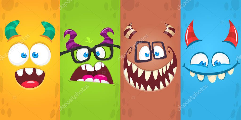 Funny cartoon monster faces emotions set. Illustration of mythical alien creatures different expression. Halloween party design. Great package design. Vector isolated