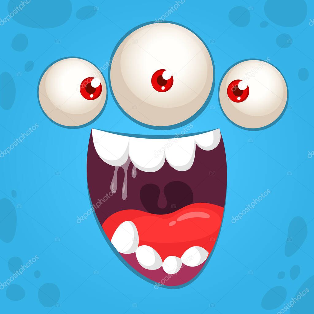 Funny cartoon monster face with three eyes. Illustration of cute and happy mythical alien creature expression. Halloween design. Great for party decoration or package design
