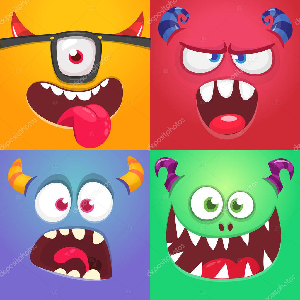 Funny cartoon monster faces emotions set. Illustration of mythical alien creatures different expression. Halloween party design. Great package design. Vector isolated