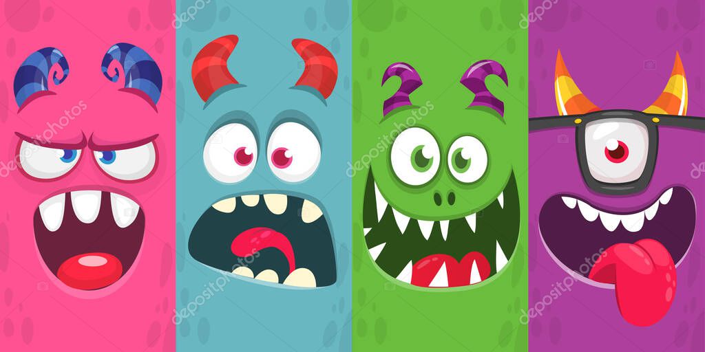 Funny cartoon monster faces emotions set. Illustration of mythical alien creatures different expression. Halloween party design. Great package design. Vector isolated