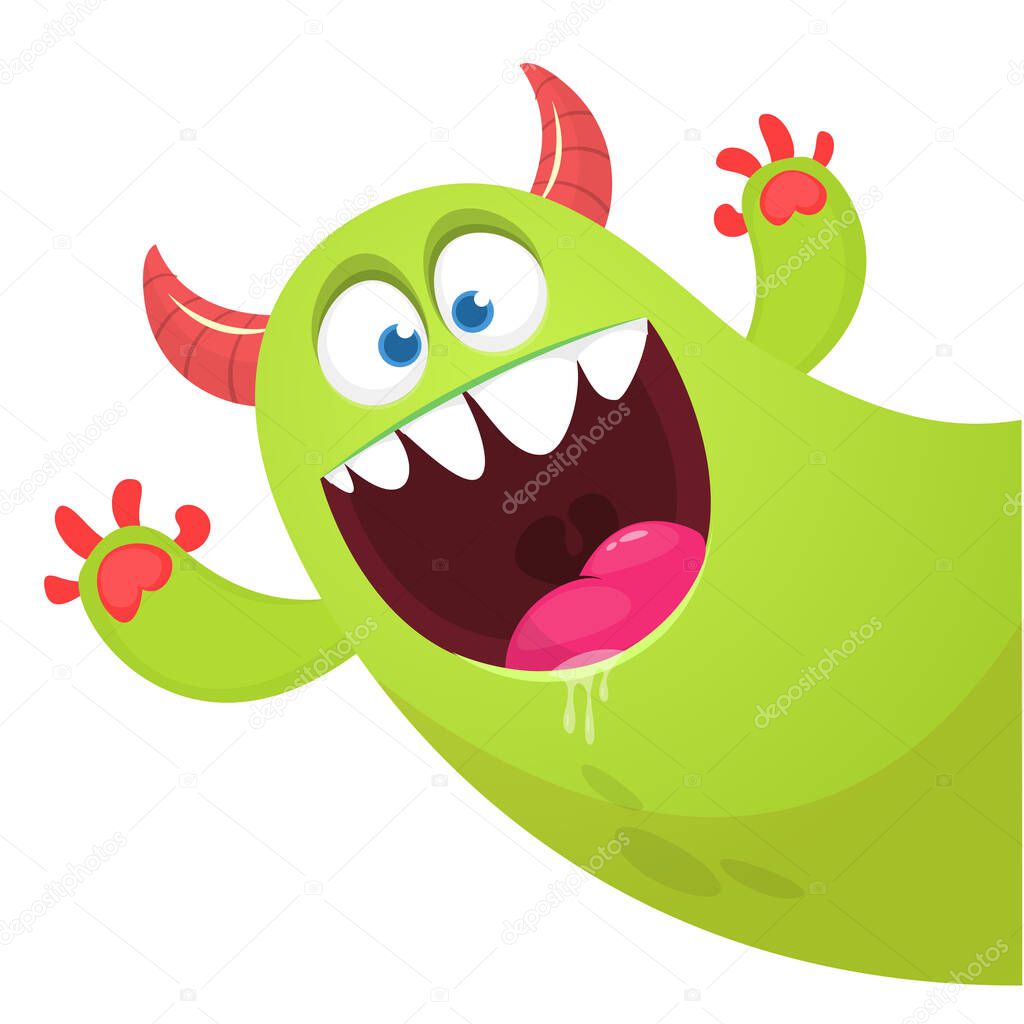 Funny cartoon smiling monster character pop up and waving hands. Illustration of happy mythical alien creature. Halloween party design. Vector isolated