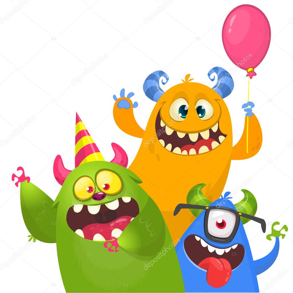 Funny cartoon monster characters set card for birthday party. Illustration of happy alien creatures. Package or invitation design. Vector isolated