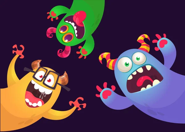 Divertidos Personajes Dibujos Animados Monstruo Conjunto Tarjetas Para Fiesta Cumpleaños — Vector de stock
