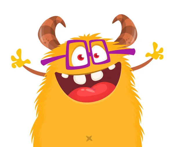 Funny Cartoon Smiling Monster Character Waving Hands Illustration Happy Mythical — Stock Vector