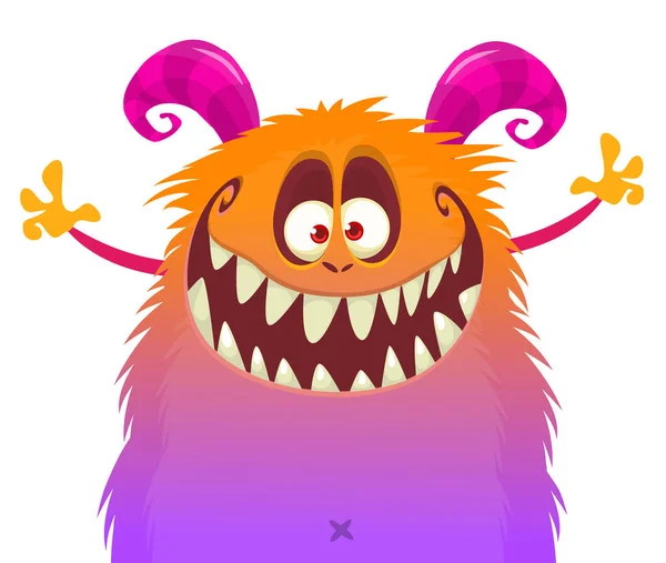 Grappige Cartoon Lachende Monster Karakter Zwaaien Handen Illustratie Van Gelukkig — Stockvector