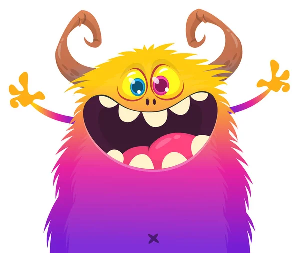 Legrační Karikatura Úsměvem Monster Charakter Mává Rukama Ilustrace Šťastného Mýtického — Stockový vektor