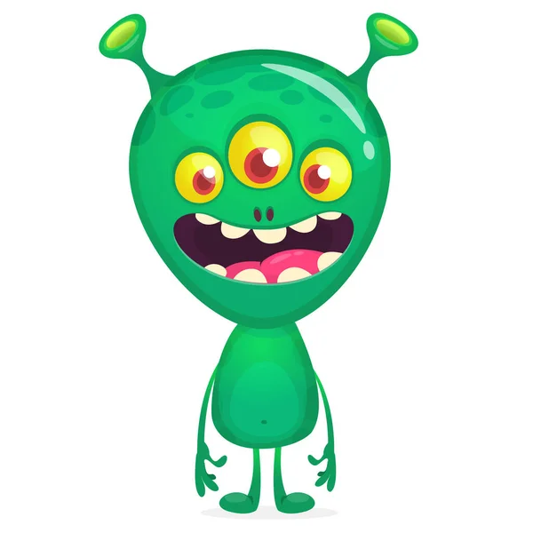 Смешной Зеленый Монстр Тремя Глазами Хэллоуин Образе Счастливого Инопланетянина Дизайн — стоковый вектор
