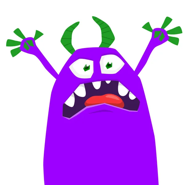 Divertida Caricatura Sonriendo Monstruo Púrpura Agitando Las Manos Ilustración Vectorial — Archivo Imágenes Vectoriales
