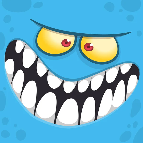 Cartoon Monster Face Isolated Vector Halloween Blue Angry Monster Square — Stock Vector