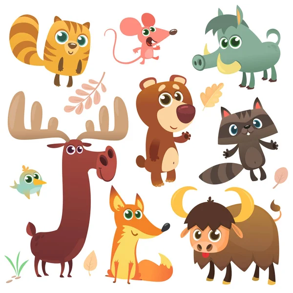 Desenhos Animados Conjunto Animais Floresta Vetor Ilustrado Esquilo Rato Guaxinim —  Vetores de Stock
