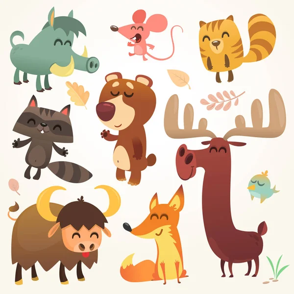 Desenhos Animados Conjunto Animais Floresta Vetor Ilustrado Esquilo Rato Guaxinim —  Vetores de Stock
