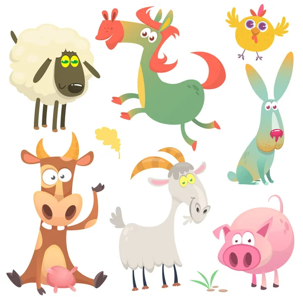Glückliche Zeichentricktiere Nutztiere Vektorillustration Von Kuh Pferd Huhn Kaninchen Schwein — Stockvektor