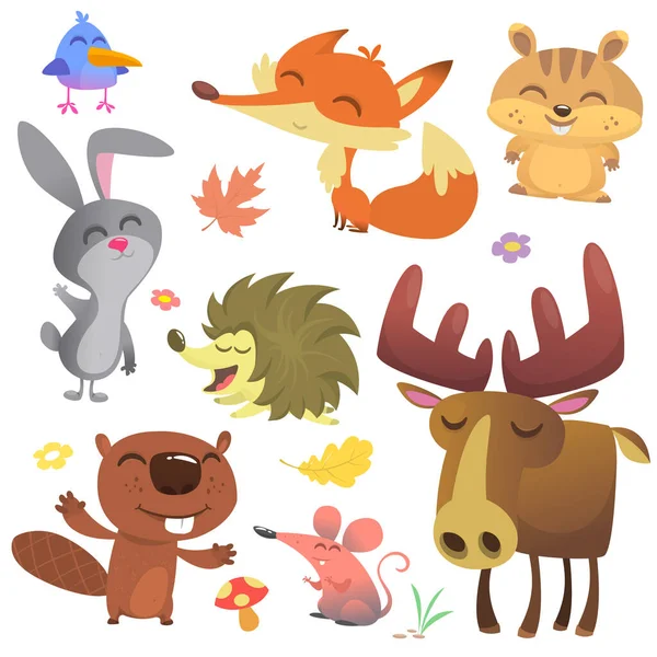 Forest Animals Vector Illustration Cartoon Bird Hedgehog Beaver Bunny Rabbit — Stock Vector