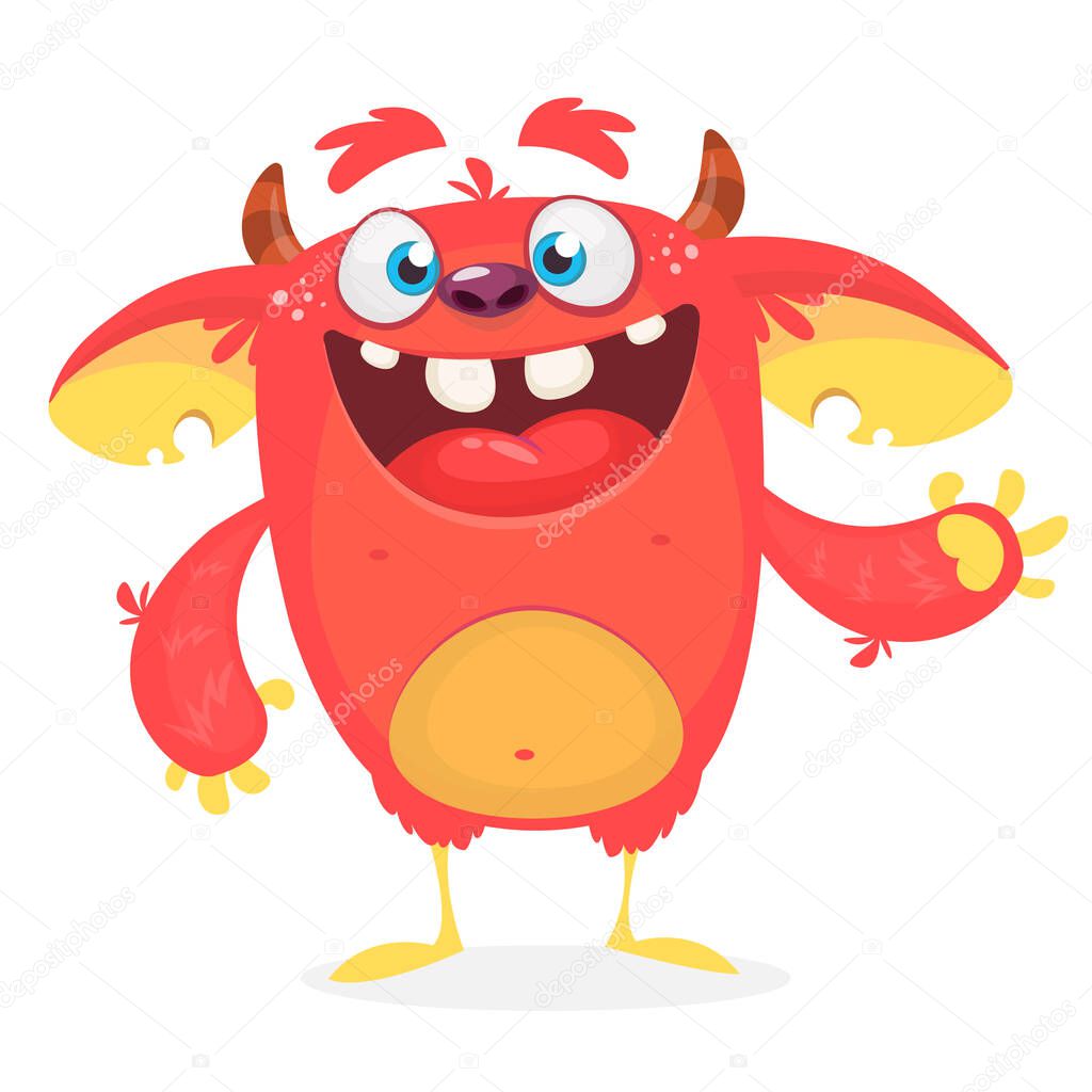 Funny cartoon smiling monster creature. Halloween Illustration of happy alien character. Package or logo design. Vector isolated
