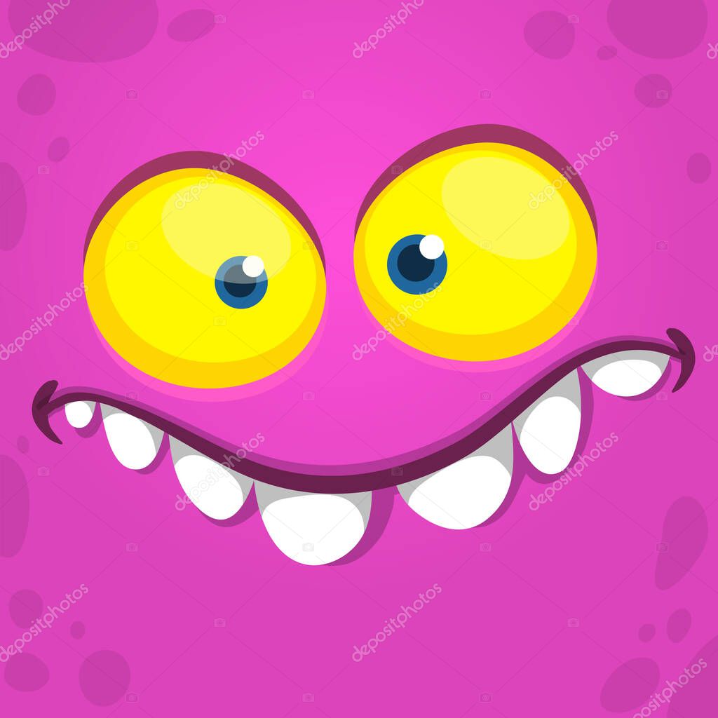 Funny cartoon monster face. Illustration of cute and happy alien creature expression. Halloween design. Great for party decoration or package design