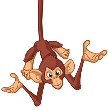 Cartoon monkey chimpanzee handing upside down on the tree branch. Vector illustration of happy monkey character. clipart