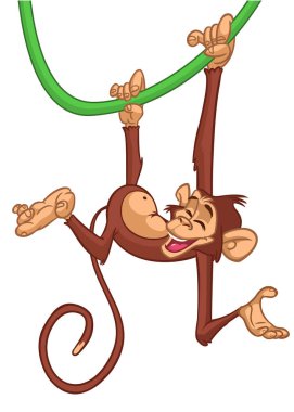 Cute baby monkey hanging on tree branch, swinging and waving with paw. Colored flat vector illustration of smiling and playing animal character isolated on white background. clipart