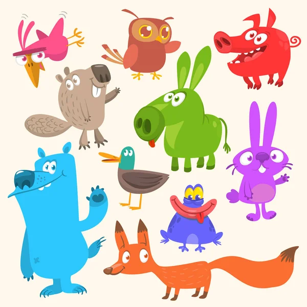 Set Funny Animals Isolated White Background Cartoon Fox Owl Bunny — Vector de stock
