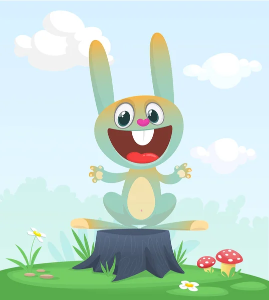 Мультфільм Смішний Щасливий Кролик Стоїть Літньому Лузі Дереві Пенька Векторні — стоковий вектор