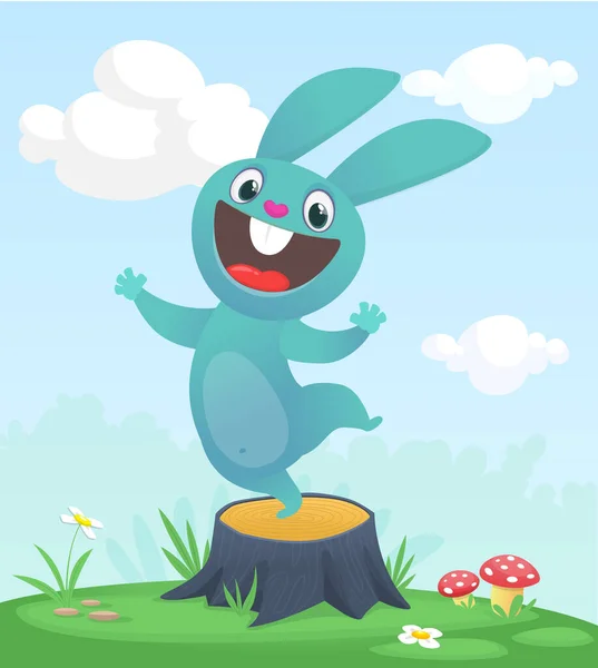 Stock vector Cartoon funny and happy rabbit standing on the summer meadow on the tree stump. Vector illustration of easter bunny hare isolated