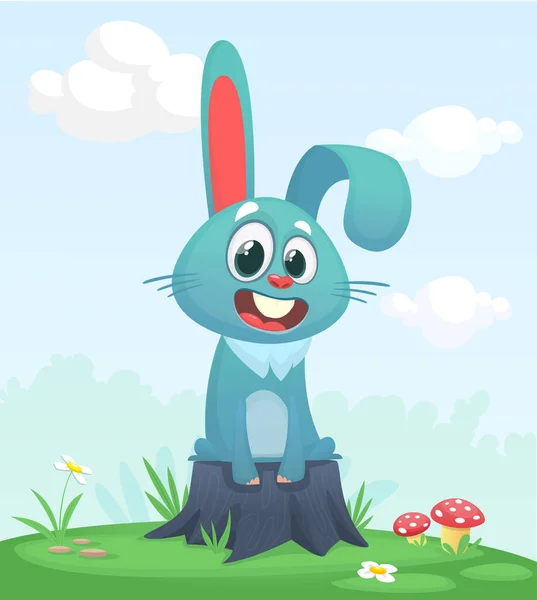 Мультфільм Смішний Щасливий Кролик Стоїть Літньому Лузі Дереві Пенька Векторні — стоковий вектор